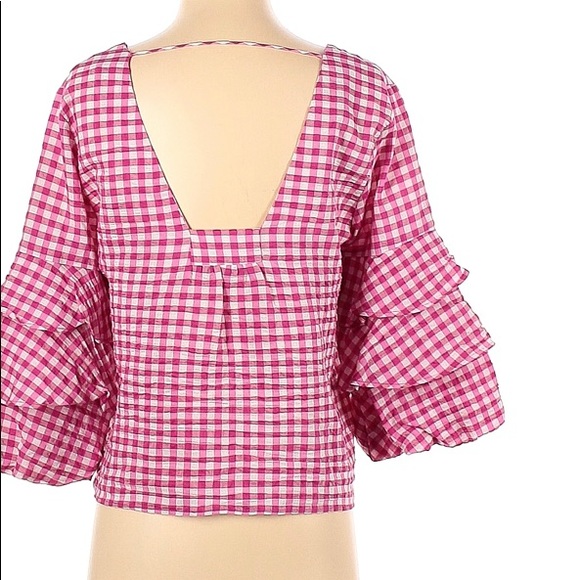 3/4 Sleeve Zara Basic pink gingham v-neck - Picture 2 of 5